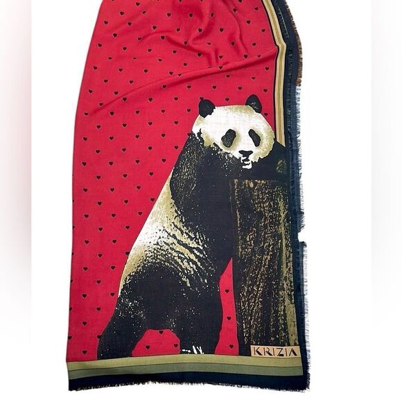 KRIZIA Italy Large Scarf Shawl Wool Silk Blend Red with Panda Print 52x52” - Picture 1 of 11
